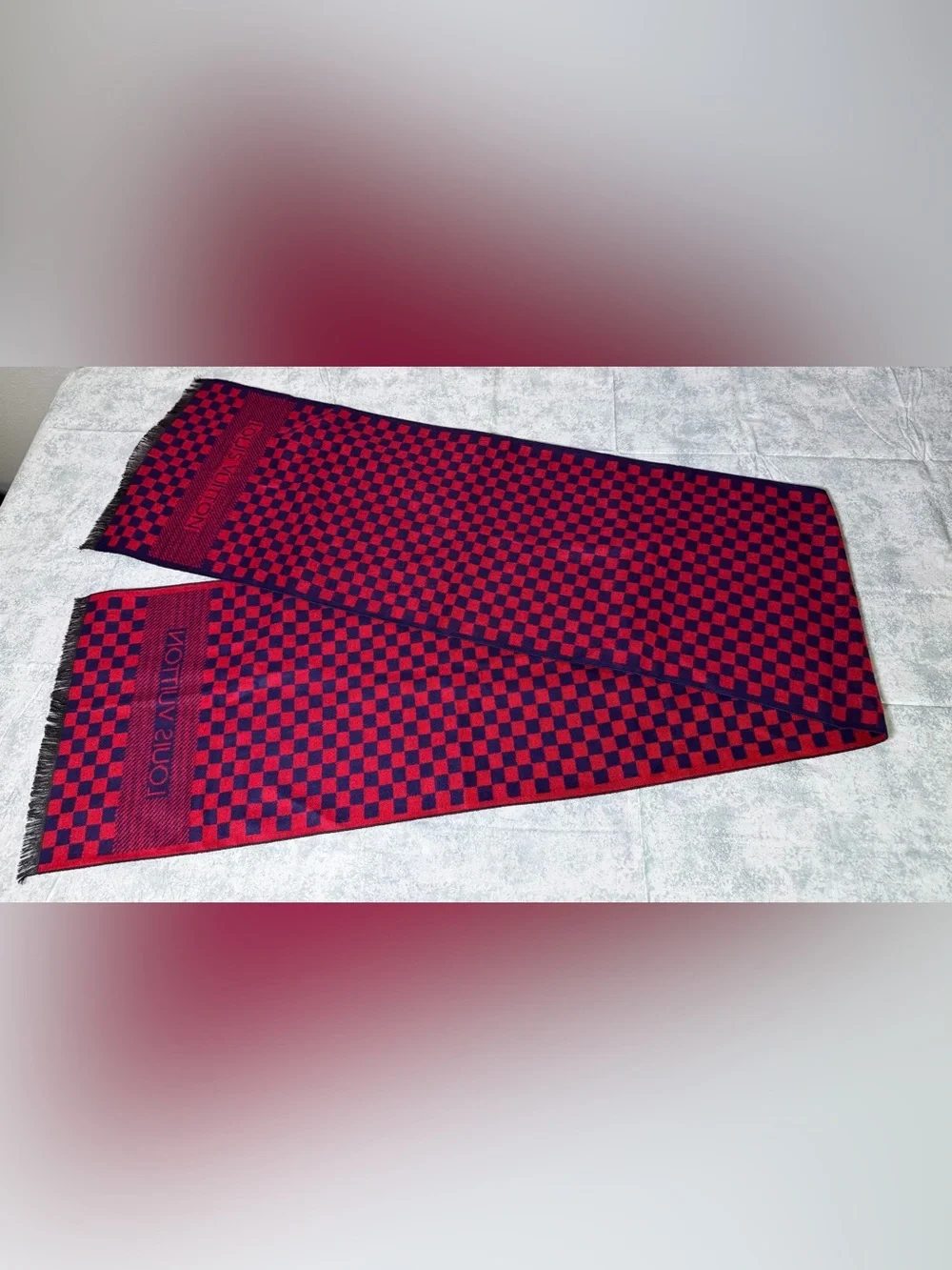 Louis Vuitton red/blue checkerboard scarf - Picture 2 of 5